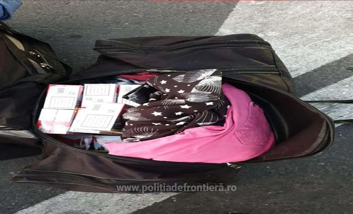 1.700 pachete de țigări, descoperite ascunse printre bagaje, în  interiorul unui microbuz