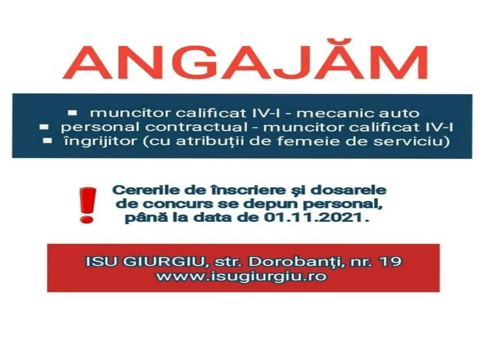 Posturi scoase la concurs, prin recrutare din sursă externă, la ISU Giurgiu