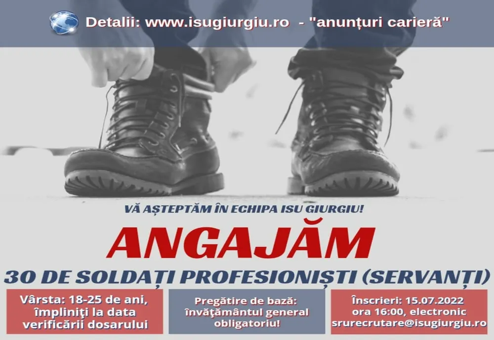 30 de posturi de soldat profesionist (servant), scoase la concurs de ISU Giurgiu