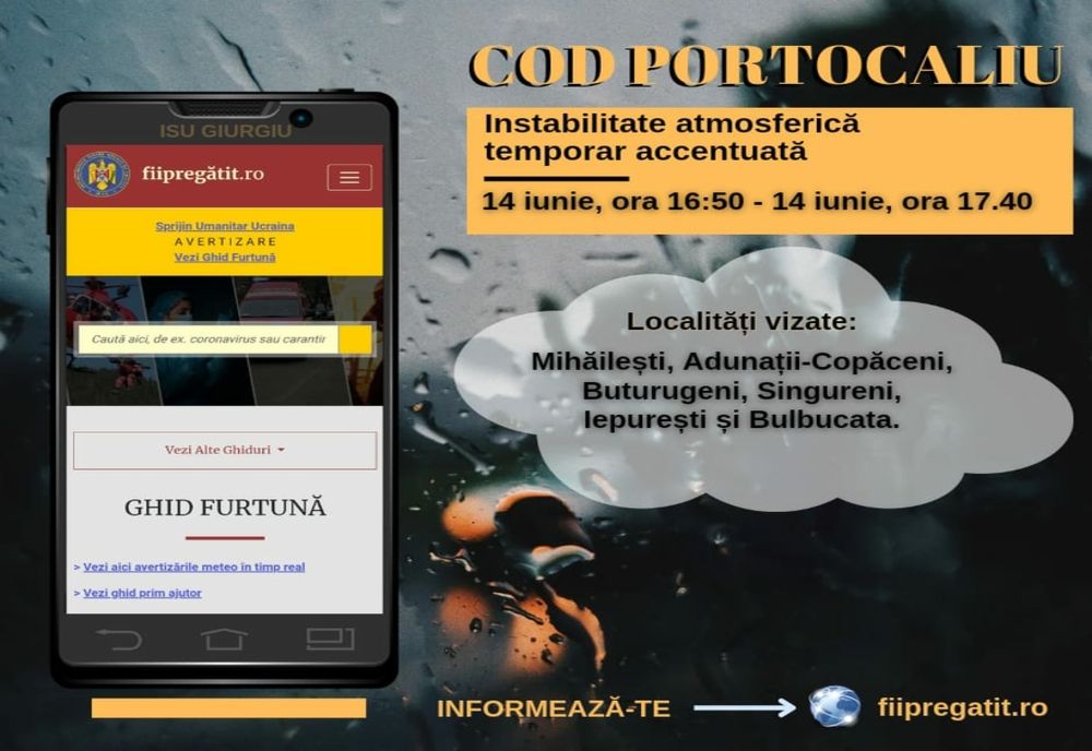 Avertizare cod portocaliu de averse torenţiale, descărcări electrice, intensificări ale vântului şi grindină emis pentru mai multe zone ale judeţului Giurgiu