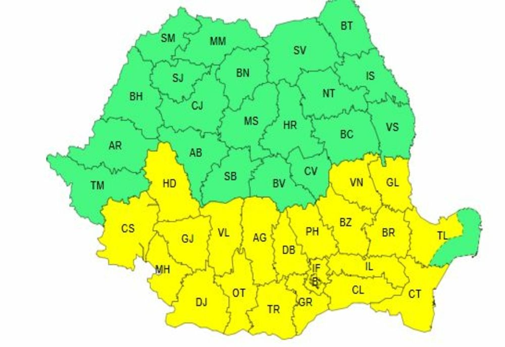 ANM: COD GALBEN DE PLOI ȘI FURTUNI, ÎN BUCUREȘTI ȘI ÎN 21 DE JUDEȚE
