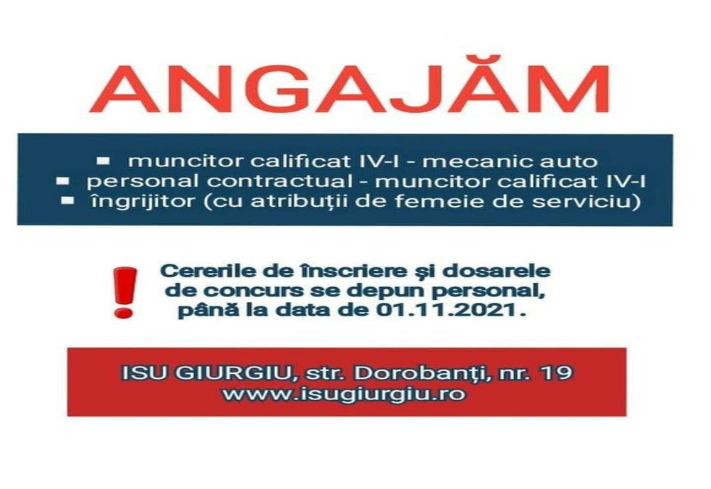 Posturi scoase la concurs, prin recrutare din sursă externă, la ISU Giurgiu