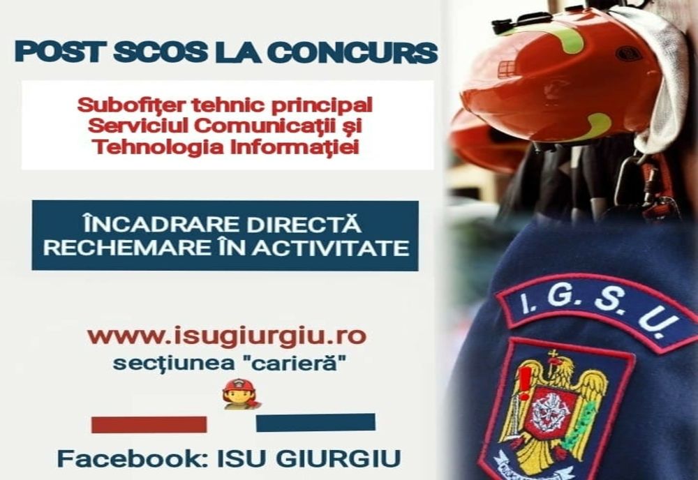  Post scos la concurs, prin încadrare directă și / sau rechemare în activitate! 