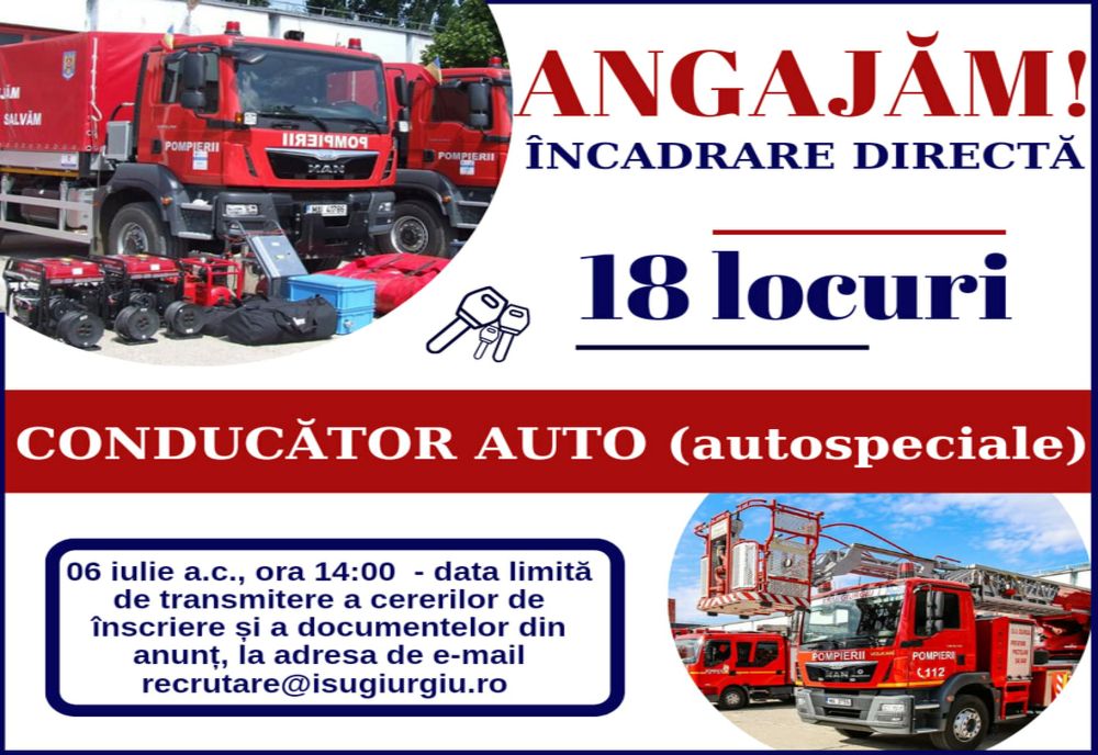 ISU Giurgiu scoate la concurs 18 posturi de conducător auto autospeciale, prin încadrare directă