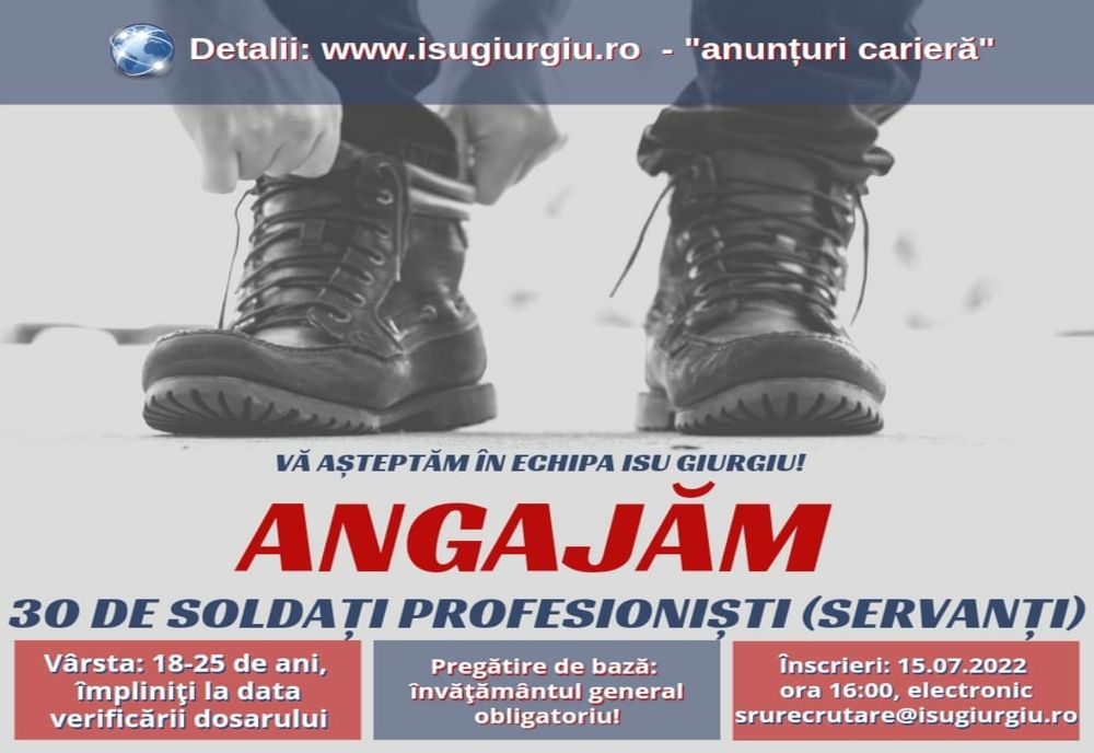 30 de posturi de soldat profesionist (servant), scoase la concurs de ISU Giurgiu