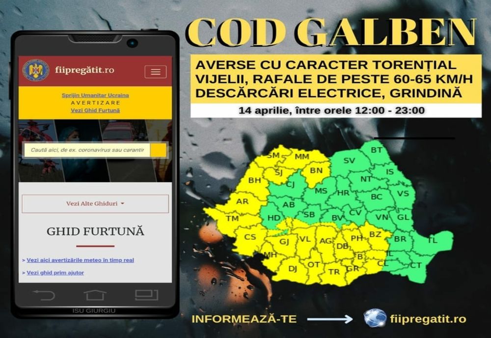 Giurgiu. Cod galben de ploi torenţiale şi instabilitate atmosferică
